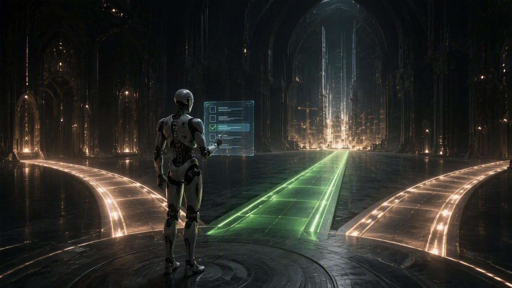 A figure at a crossroads of several lit paths, consulting a checklist before taking the one marked out ahead.