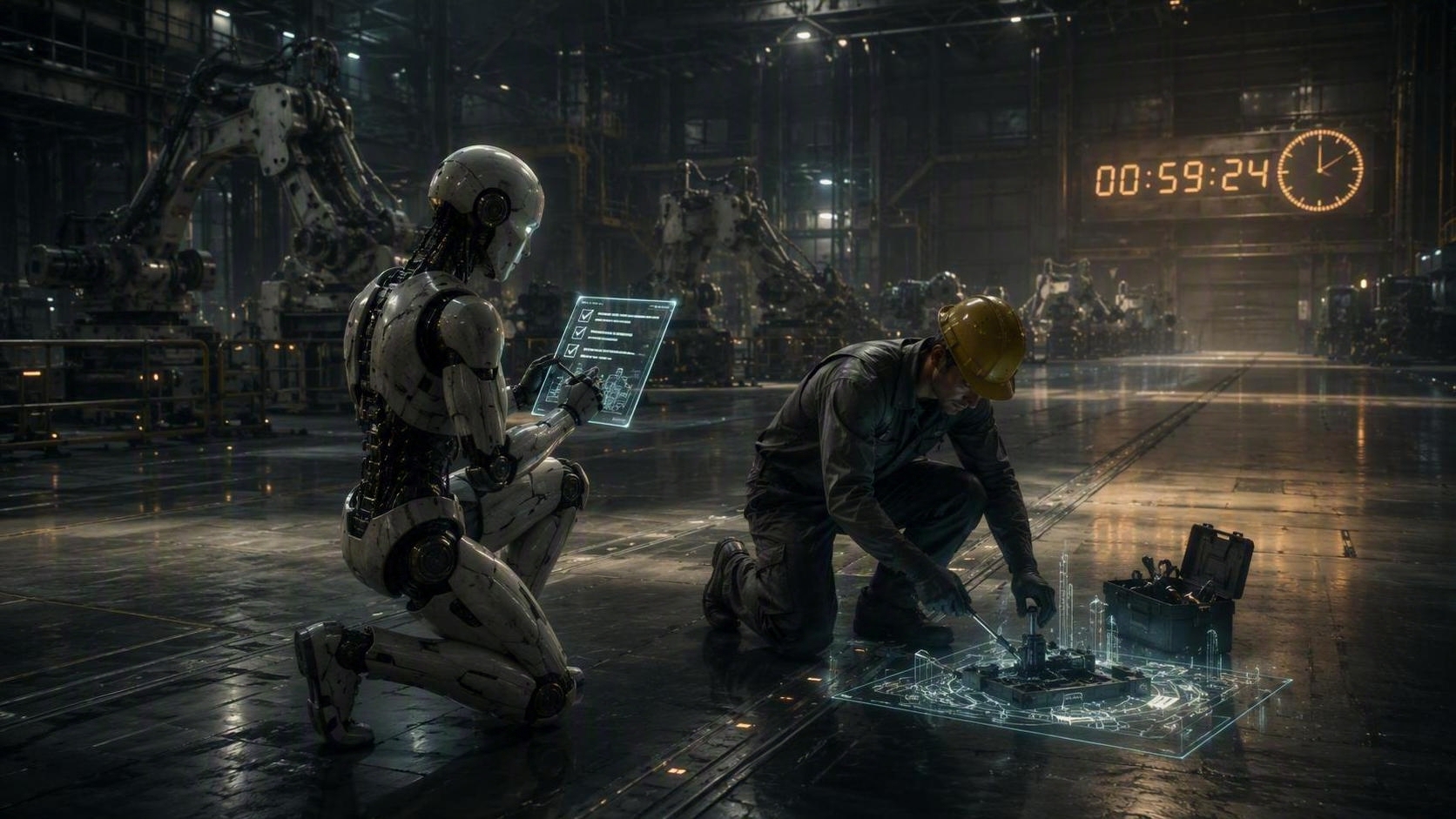 Two engineers working side by side on a factory floor beneath a large countdown clock.
