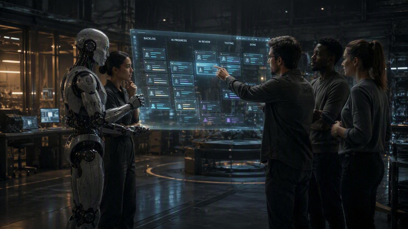 A joint team gathered around a shared board of backlog columns, one person moving an item.