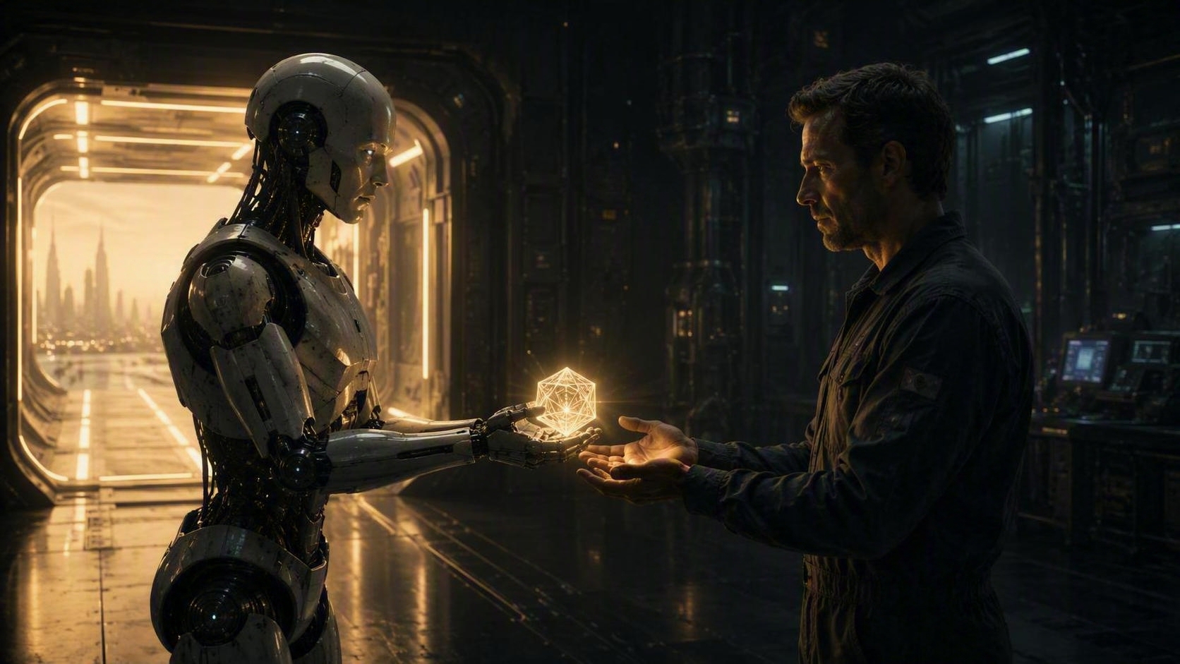A departing engineer handing a glowing, intricate object into another person's open hands.