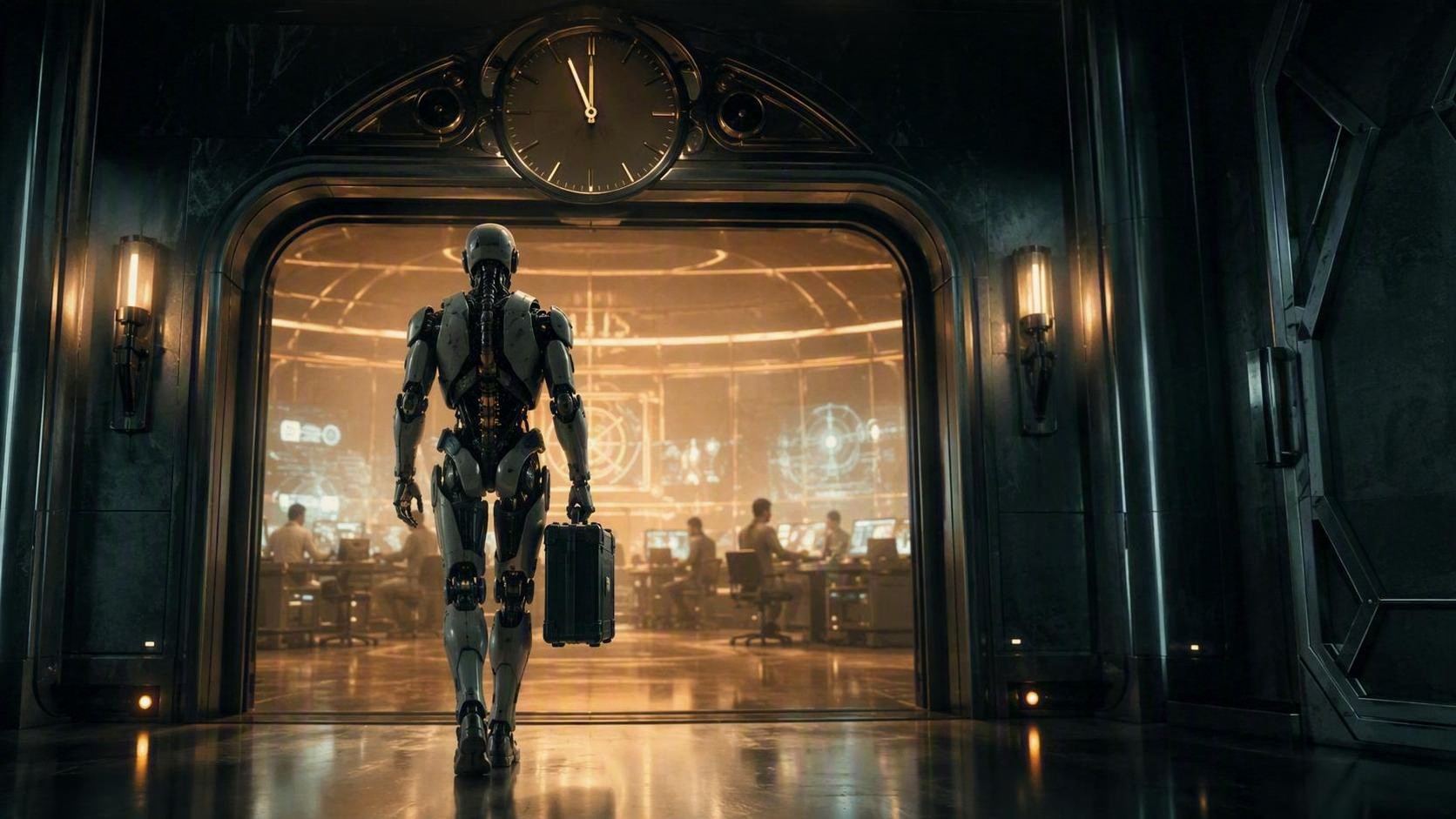 An engineer arriving through a doorway into a busy workplace, with a clock above the entrance.
